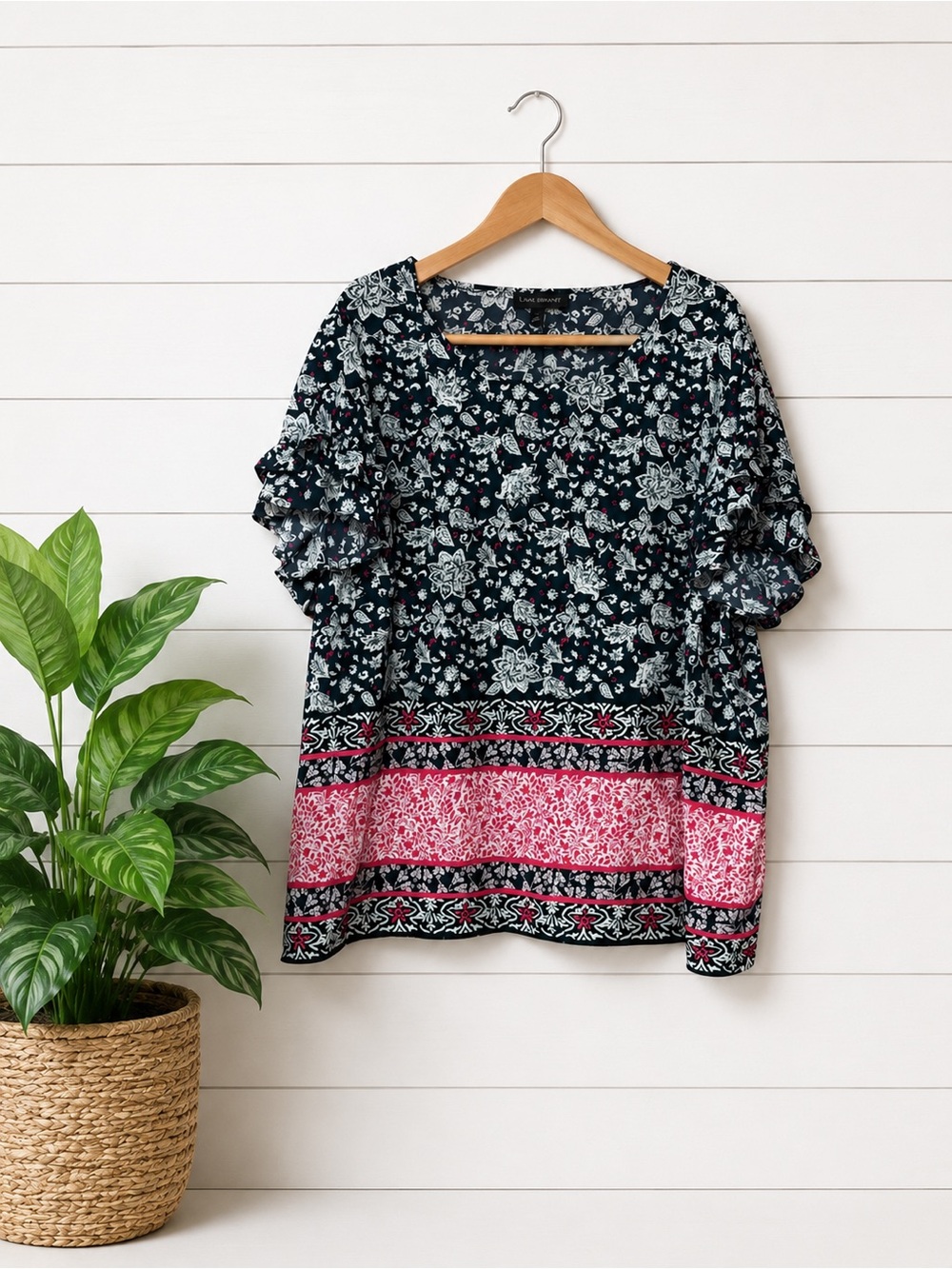 Lane Bryant Black Floral Top with Pink Border and Short Ruffle‎ Sleeve